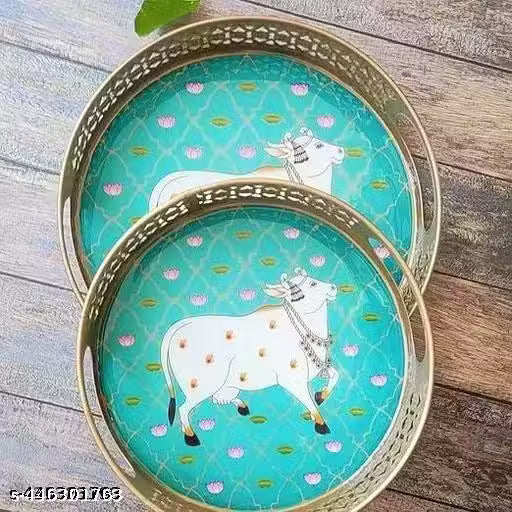 Round Tray Set of 2 Cow Green Pichwai Tray