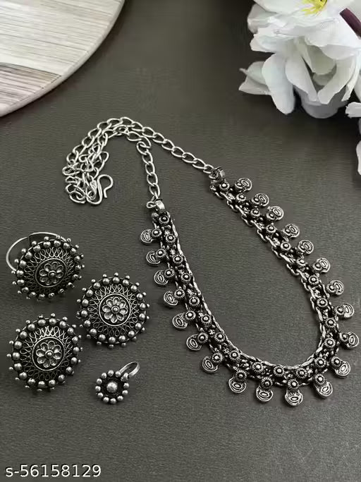 Stylish Brass Oxidised Graceful Necklace Jewellery Set