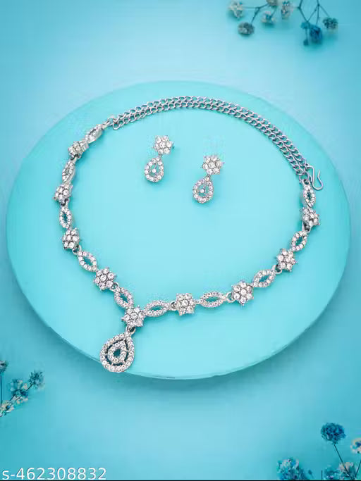 Silver Plated Necklace Set With American Diamond
