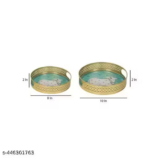 Round Tray Set of 2 Cow Green Pichwai Tray