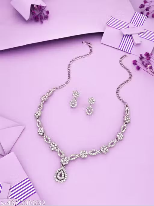 Silver Plated Necklace Set With American Diamond