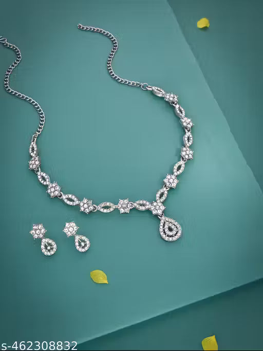 Silver Plated Necklace Set With American Diamond