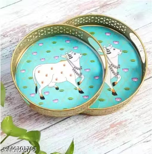 Round Tray Set of 2 Cow Green Pichwai Tray