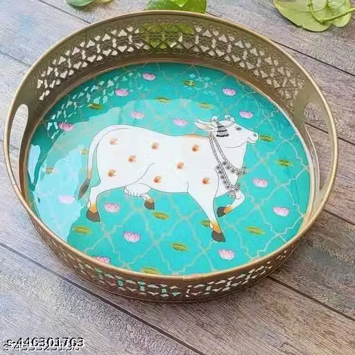 Round Tray Set of 2 Cow Green Pichwai Tray