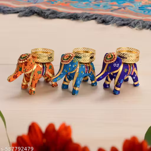 PACK OF 8 Handcrafted Colorful Elephant Tealight Candle Holders – Set of Decorative Rajasthani Tea Light Stands for Home, Diwali & Festive