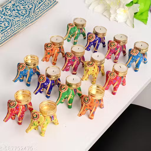 PACK OF 8 Handcrafted Colorful Elephant Tealight Candle Holders – Set of Decorative Rajasthani Tea Light Stands for Home, Diwali & Festive