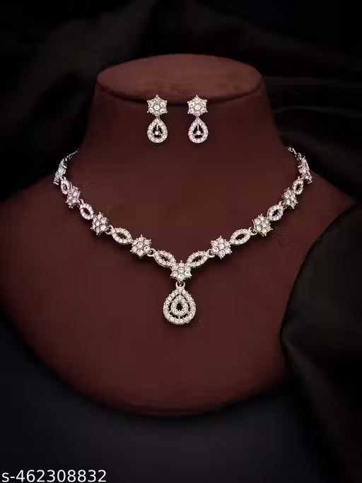 Silver Plated Necklace Set With American Diamond