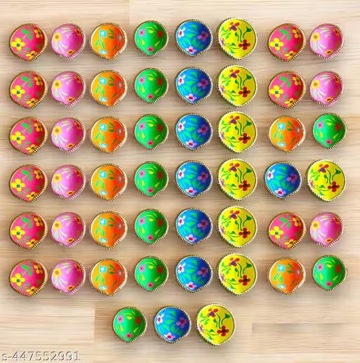 Multi Color Flower Print Decorative Handmade Clay Mitti Diya.