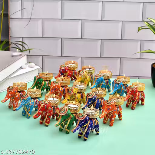 PACK OF 8 Handcrafted Colorful Elephant Tealight Candle Holders – Set of Decorative Rajasthani Tea Light Stands for Home, Diwali & Festive
